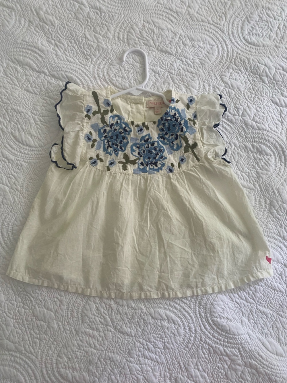 Pink Chicken White Kari Top with Blue Floral Embroidery - Picture 2 of 4